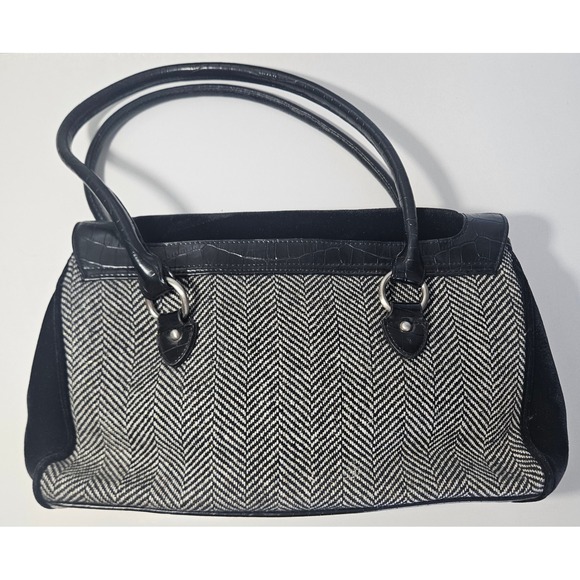 Xhiliration Plaid Herringbone Tweed Velvet Patchwork Rhinestone Flower WoolX Bag - Picture 2 of 8